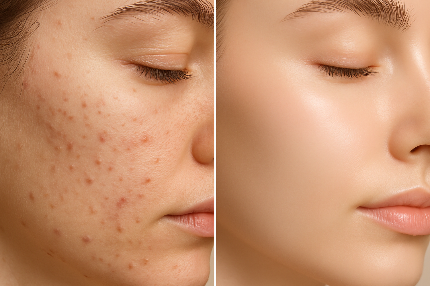 give me an image with 2 sections left one a clsoeup shot of face with whiteheads and right with same angle closeup image with clear glass skin . it should be left side of the face means nose on the right